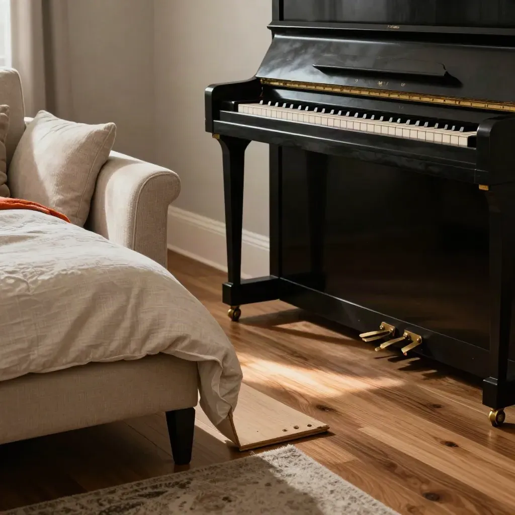 Pristine piano, sofa and king bed on untouched hardwood in a dramatic moving-day interior.