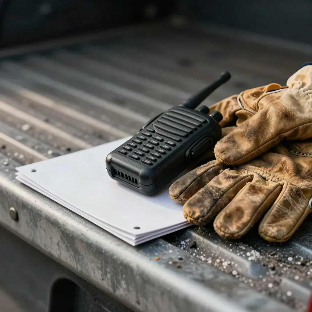 Leather gloves, walkie-talkie, and corner protector on a truck tailgate at dawn.