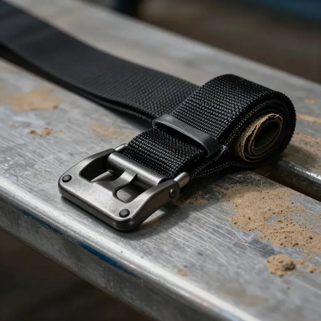 Ratchet strap, corner guards, and coiled cargo strap on a steel bench in dramatic low light.