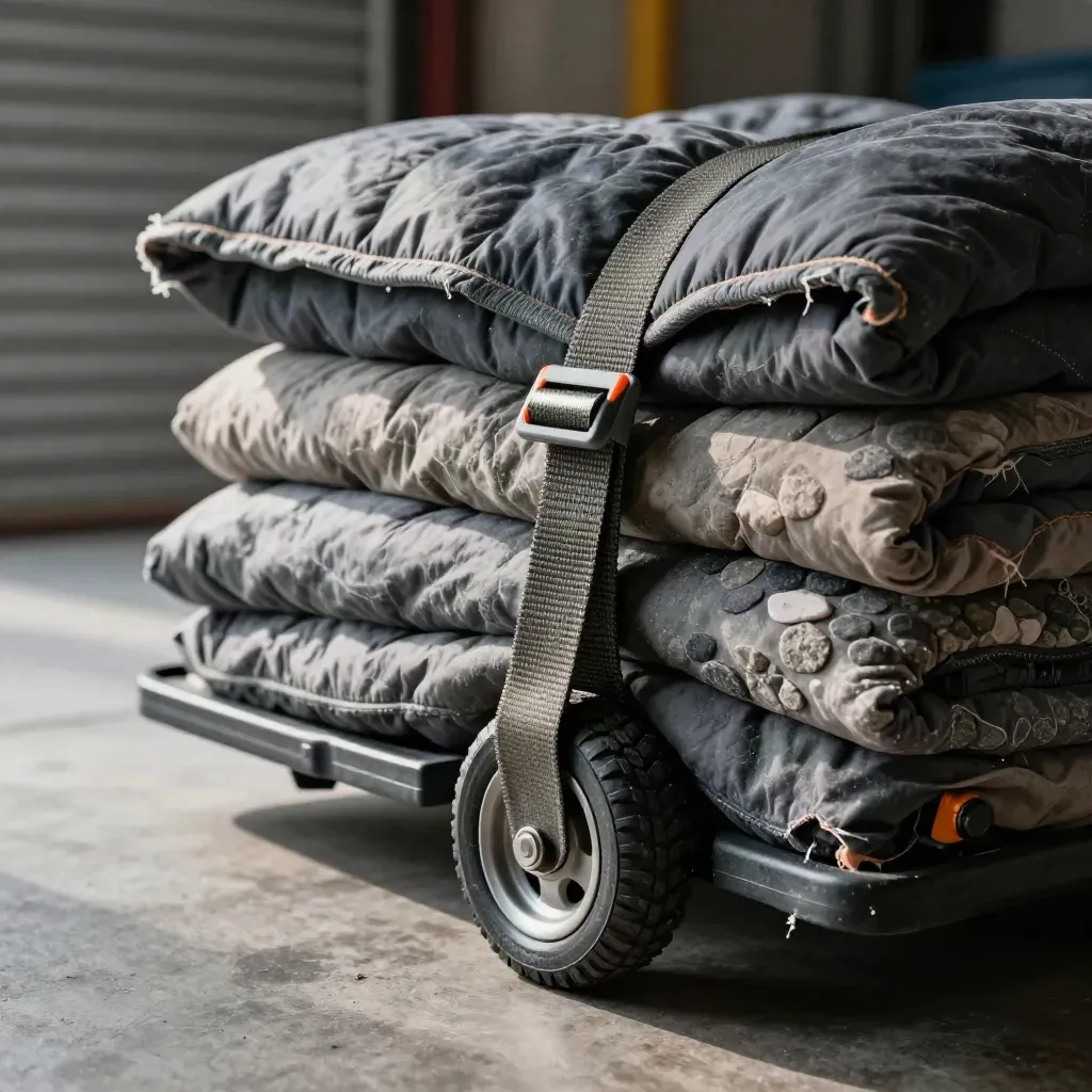 Moving blankets, stair strap, dolly wheel and edge guards arranged by a loading bay door.