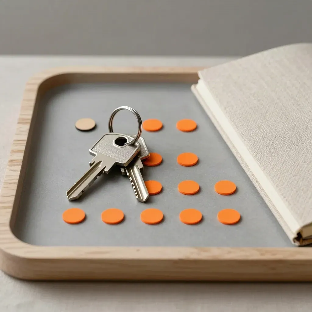 House keys, notebook, sticky dots and route token arranged on a pale wood tray for a move plan.