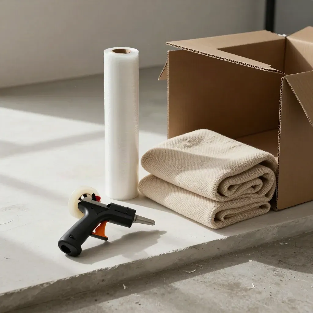 Packing tools still life: tape gun, stretch wrap, moving blanket, and open box corners on a pale ledge.
