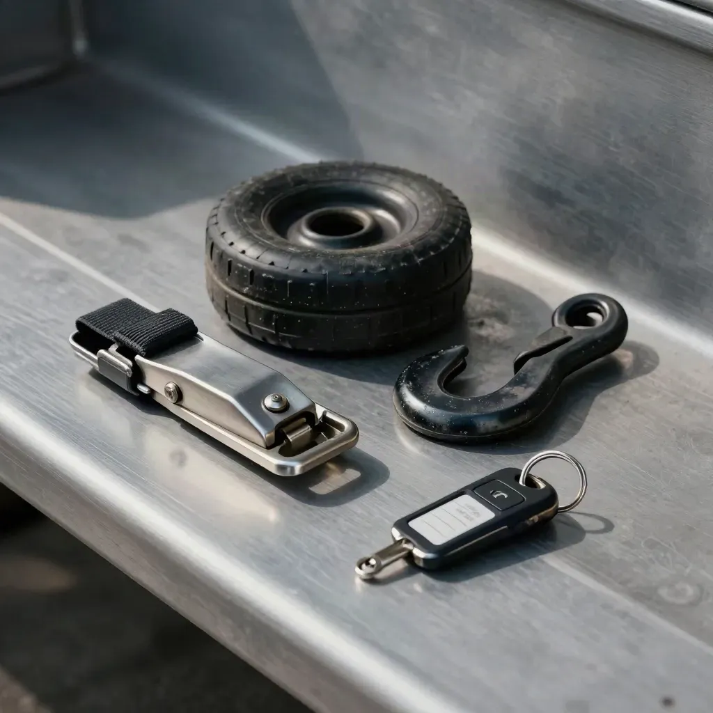 Ratchet strap buckle, wheel chock, cargo hook and truck key fob on a truck bench, softly lit.