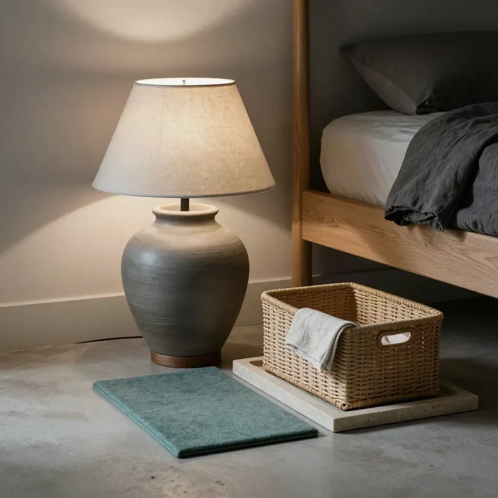 Bedroom corner still life with lamp, furniture pads, and open storage bin on a stone tray.