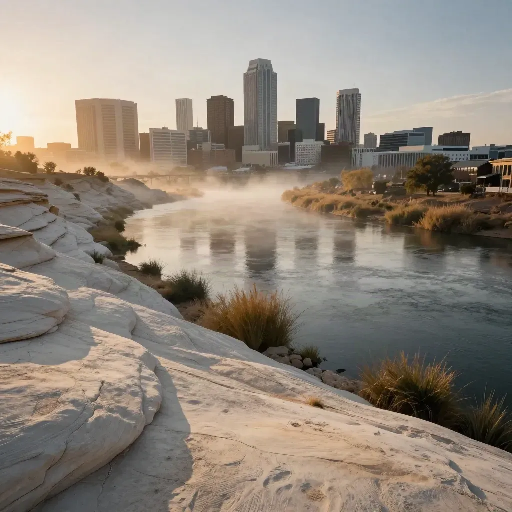 Austin skyline over the misty Colorado River at sunrise, calm riverbank foreground