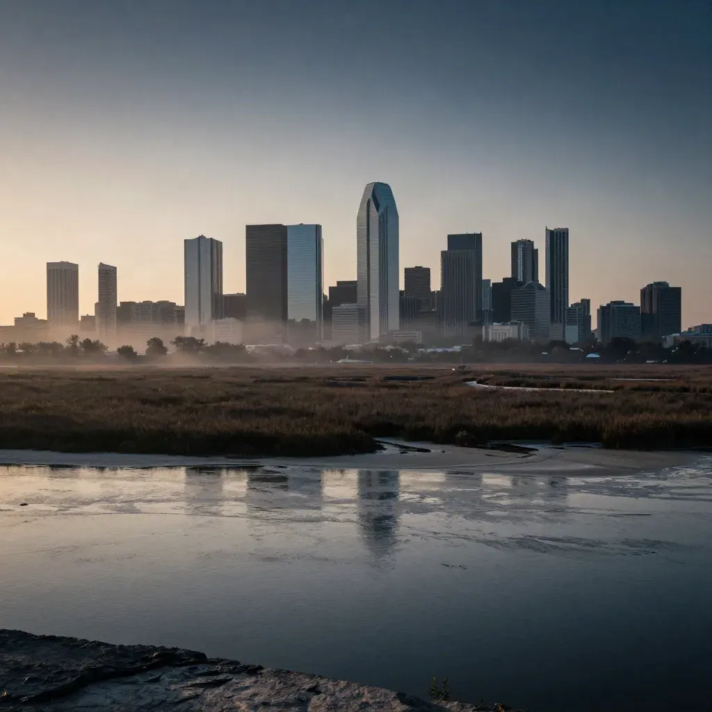 Dallas skyline above the Trinity floodplain at blue hour with calm marsh and haze.