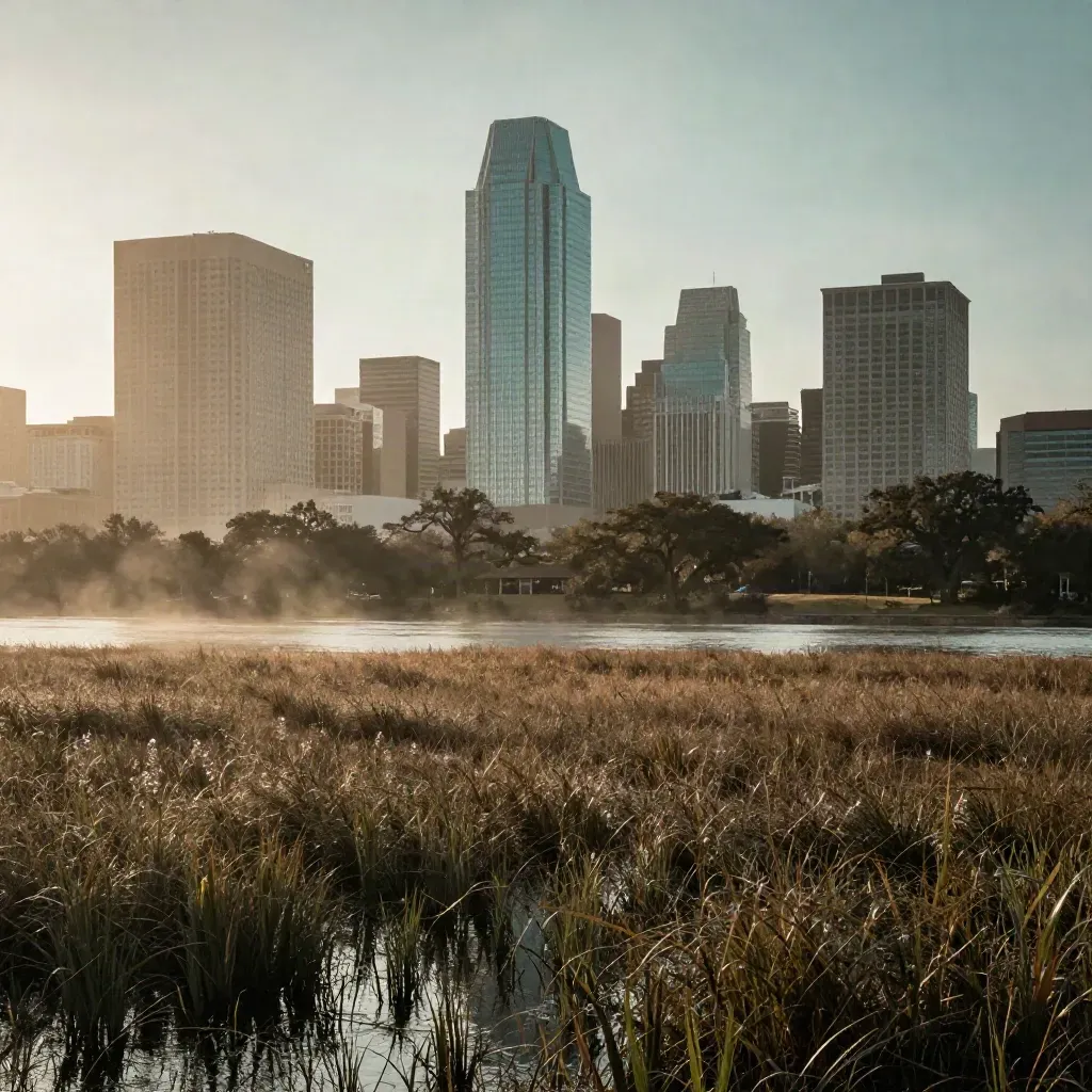 Houston skyline above bayou marsh at dusk with mist, reeds, and wet grasses