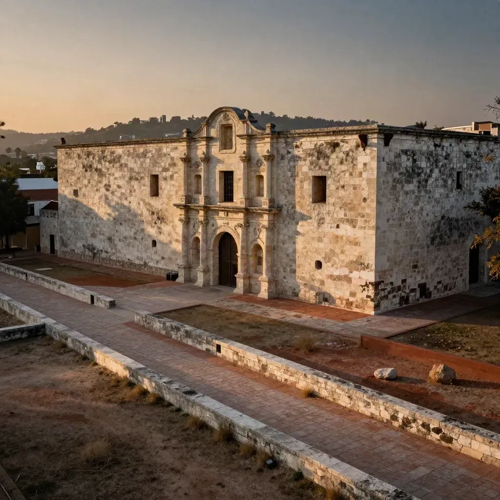 Sunlit San Antonio mission limestone above an ochre Hill Country foreground at sunset