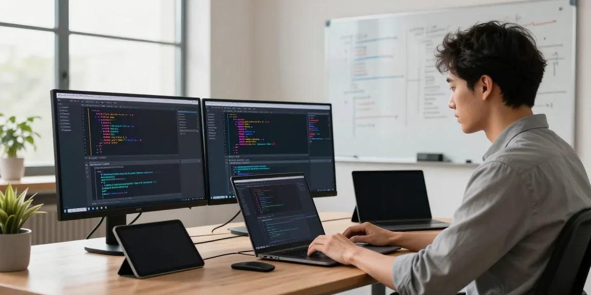 Tech developer coding in a modern office, exploring how to try these out on dual monitors.