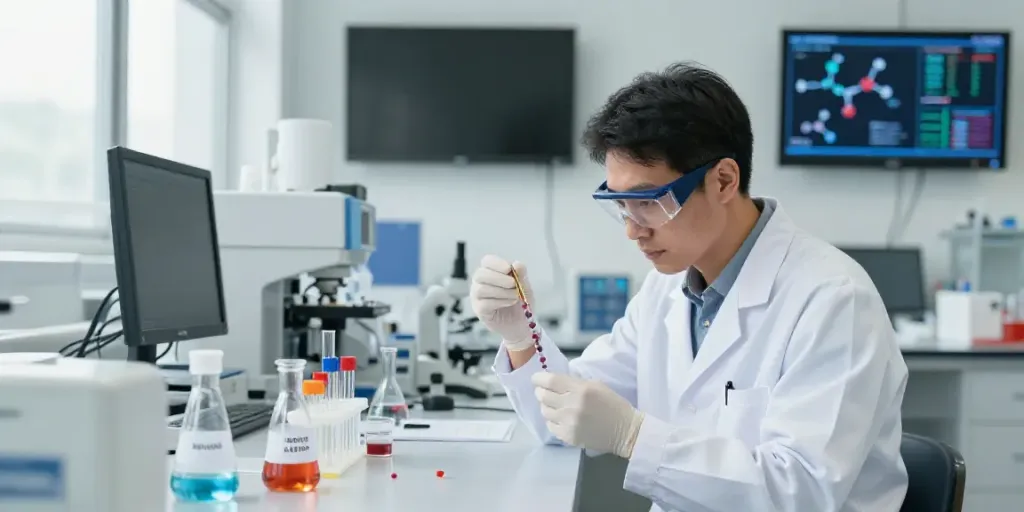 Scientist examining Swiss Chems peptide samples in a modern laboratory.