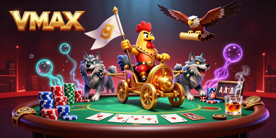 Hit the jackpot with VMAX while witnessing a fierce rooster warlord commanding a grand poker scene.