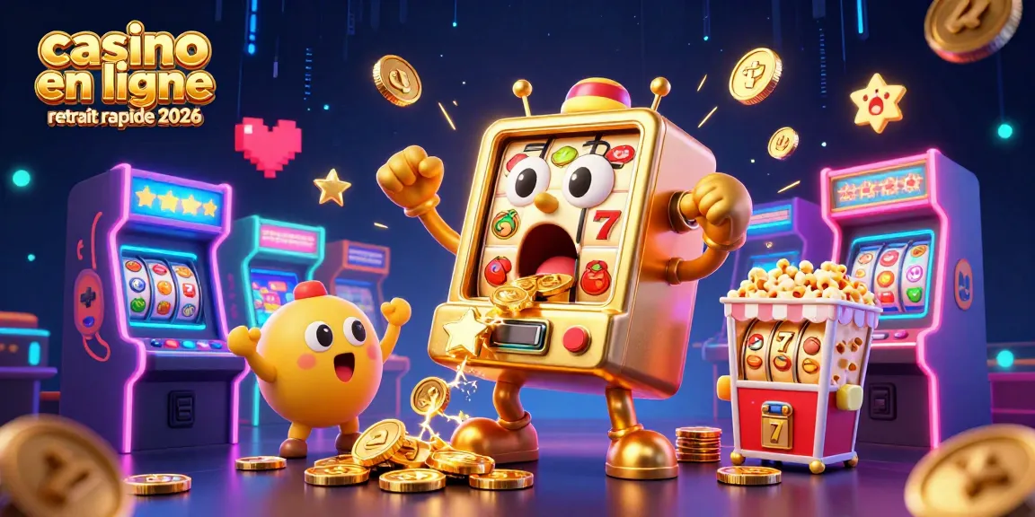 Illustration dynamique de casino en ligne retrait rapide 2026 avec machine à sous dorée en action.