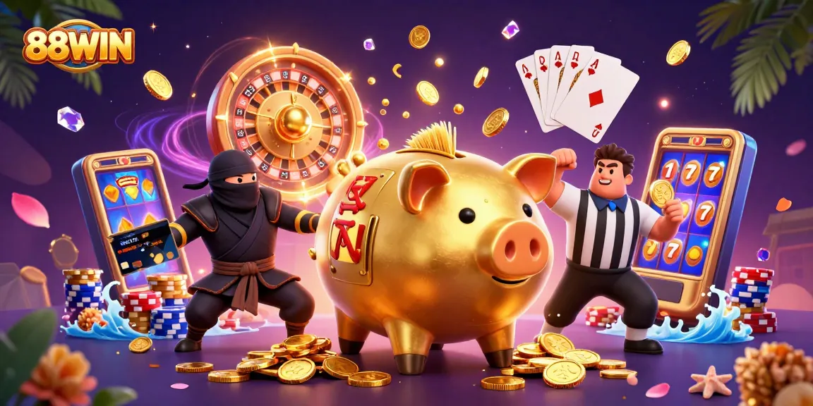 Experience thrilling action at 88WIN with a sumo wrestler and ninja in a vibrant casino scene.
