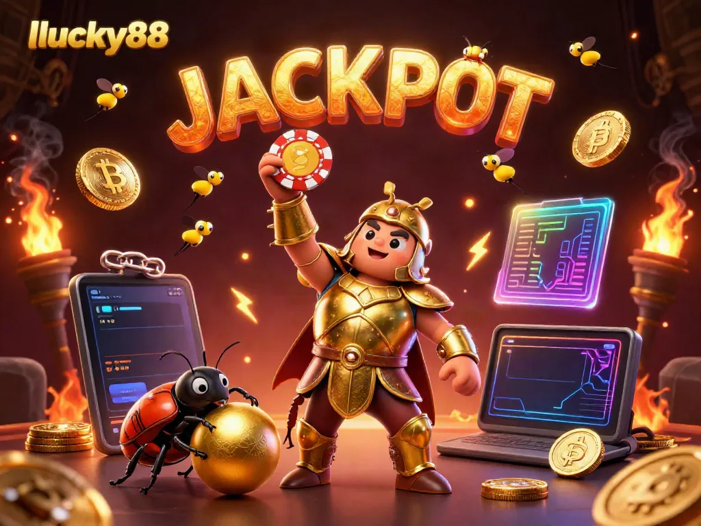 Engaging scene with lucky88 beetles celebrating a poker win amidst glowing coins and blockchain graphics.