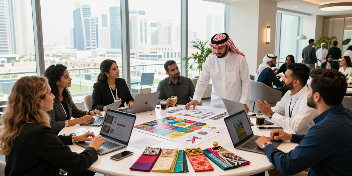 Event rentals planning session with professionals collaborating in modern Saudi venue.