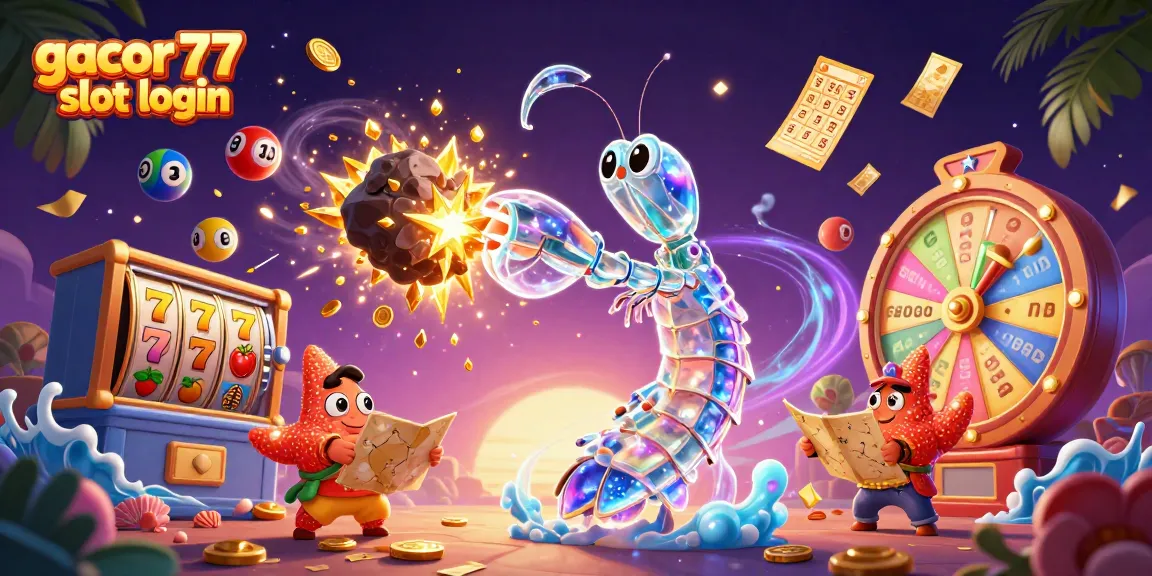 Melihat aksi gacor 77 slot login dengan simbol keberuntungan dan lotere berwarna-warni yang mengelilinginya.