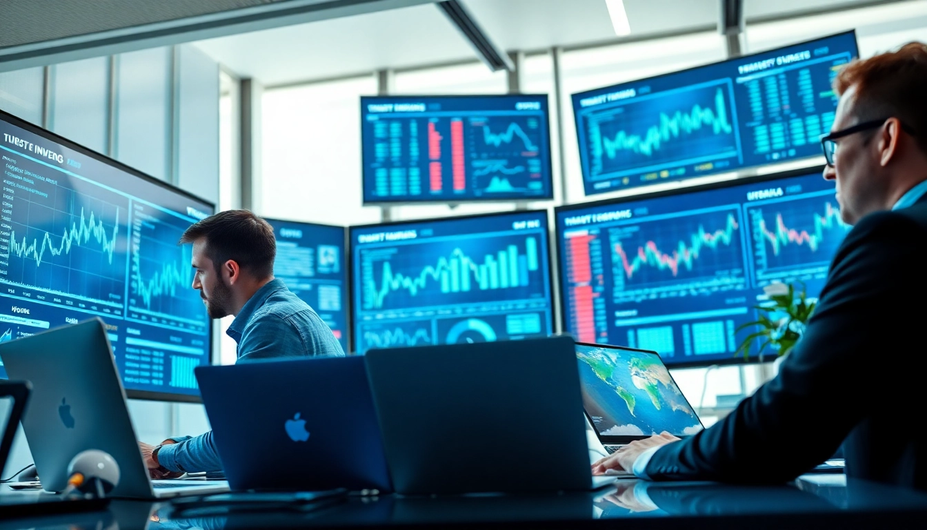 Engaged investors utilizing AI Investing tools in a modern office environment with advanced technology.