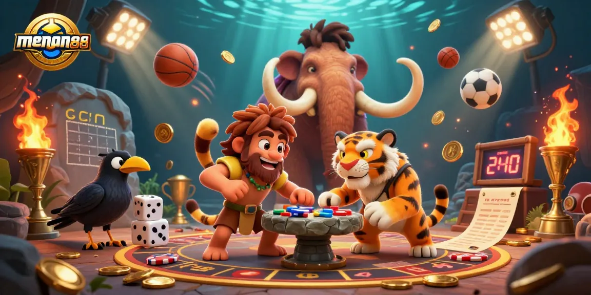 Experience exciting wins with menangclub88 in a vibrant casino scene featuring sports elements and characters.