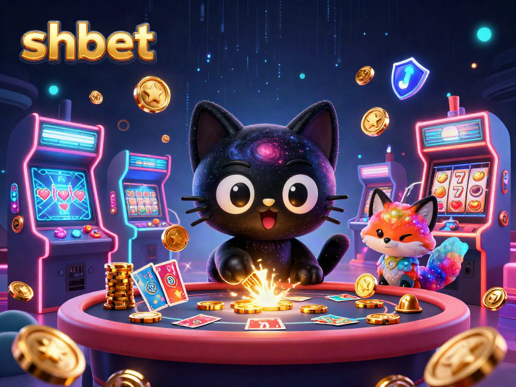 shbet showcases a cosmic casino scene with a black hole cat and game elements for gamblers.