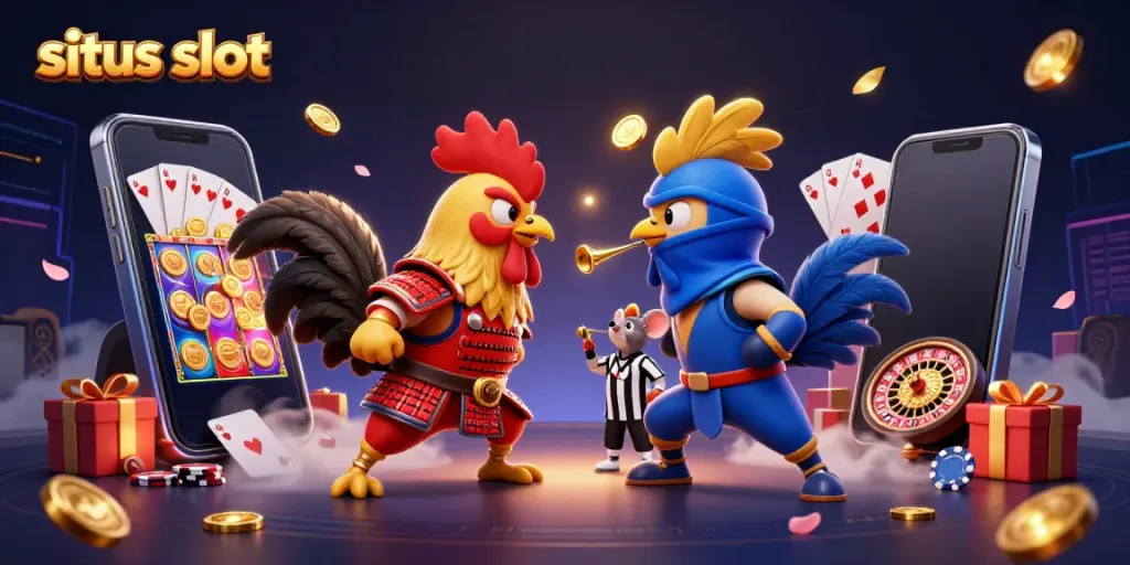 Experience exciting situs slot gameplay with fighting roosters and vibrant casino elements in a dynamic showdown.