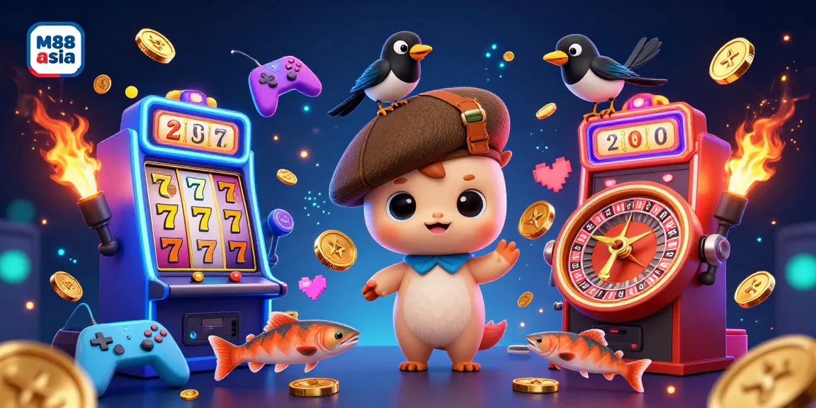 M88 asia showcases a lively casino-themed scene with slot machines, playful characters, and vibrant game elements.