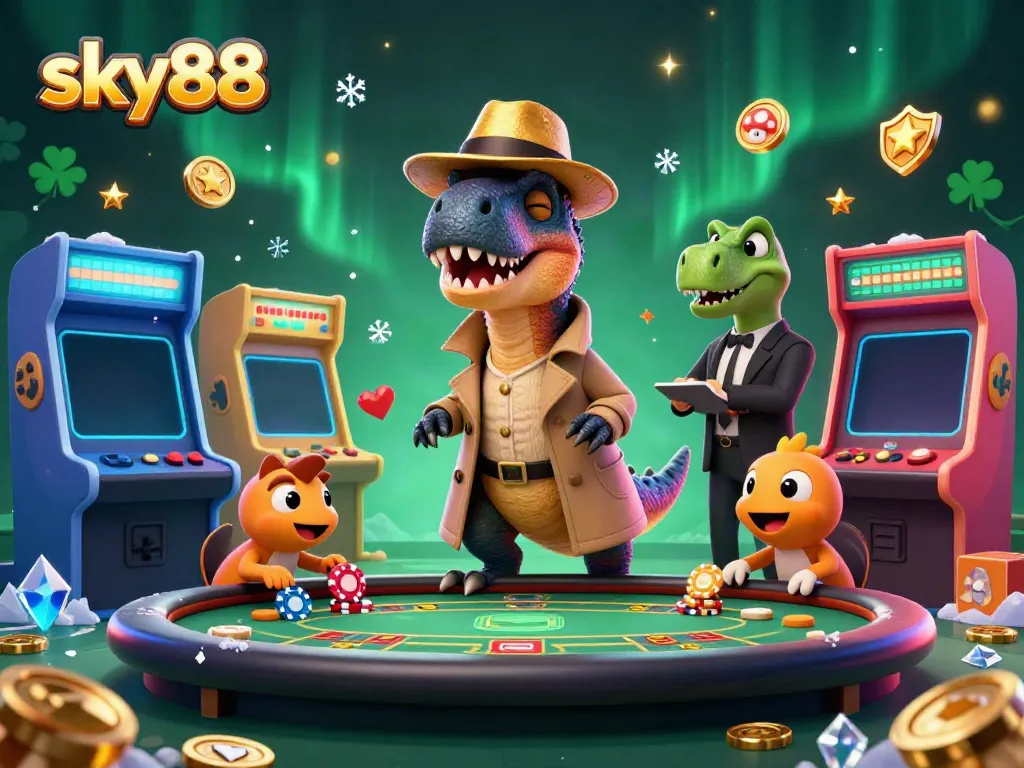 Engage with thrilling action as sky88's velociraptor card counter plays blackjack amid animated game elements.
