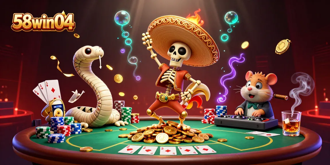 Engage with 58win04 in this vibrant casino scene featuring festive characters and exciting game elements.