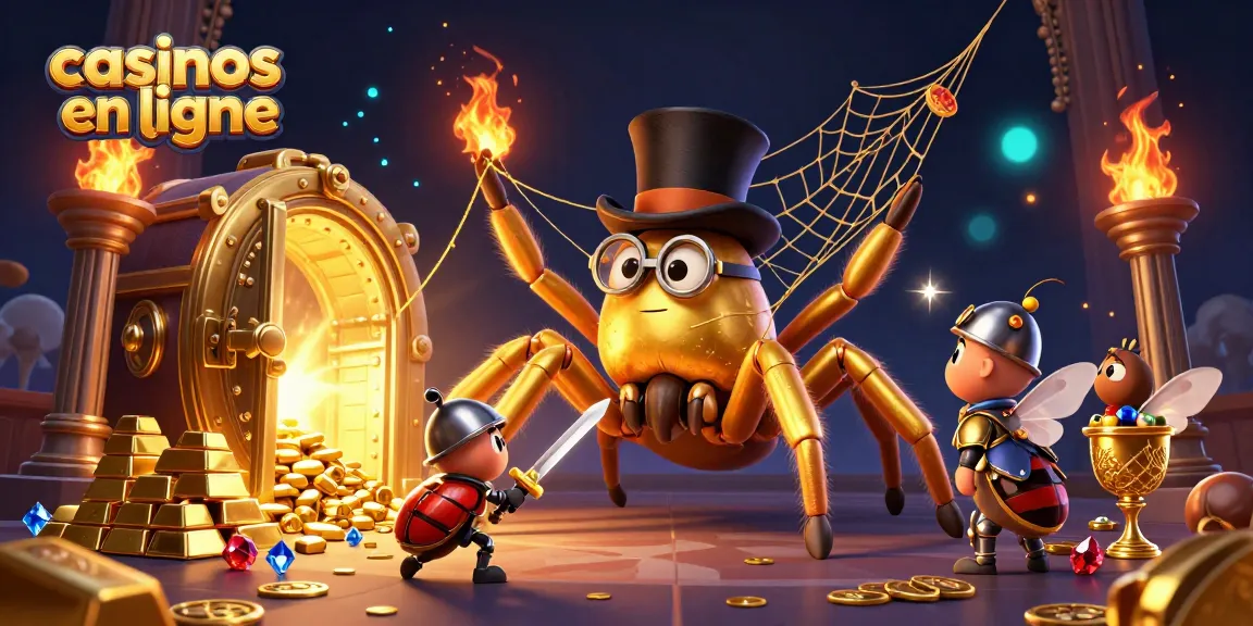 Visualisation des casinos en ligne avec un tarantule doré et un petit chevalier, entourés de richesses scintillantes.