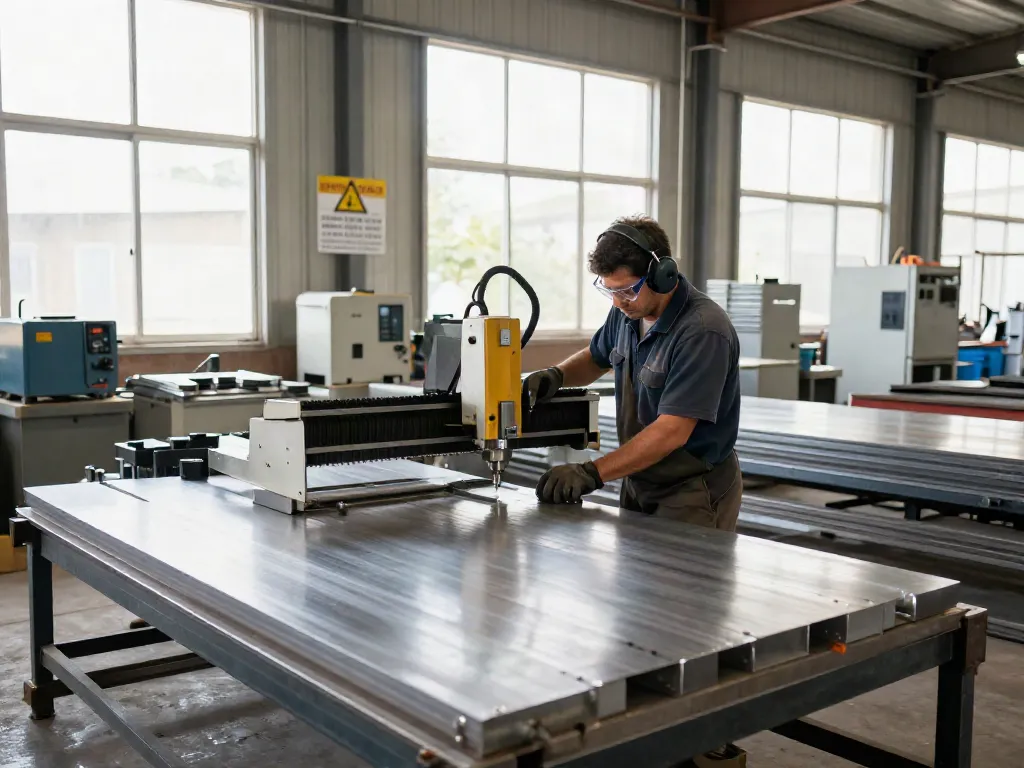 Miller Sheetmetal Inc. worker using CNC machine in bright industrial facility