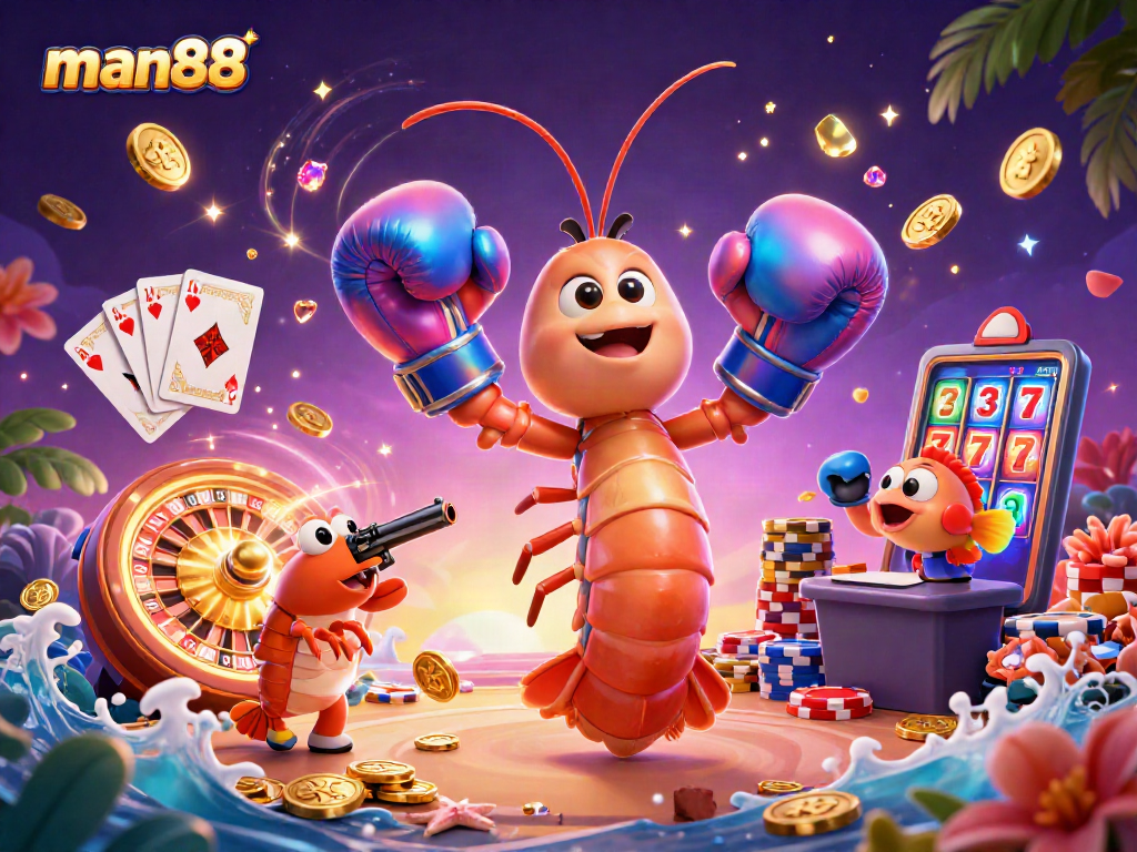 Engage with the dynamic world of man88 featuring lively 3D characters, casino elements, and a vibrant gambling atmosphere.