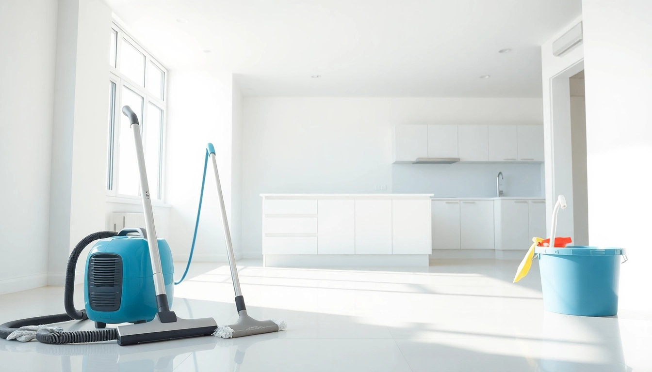 Bond cleaning professional meticulously cleaning an empty apartment with bright lighting and neat supplies.