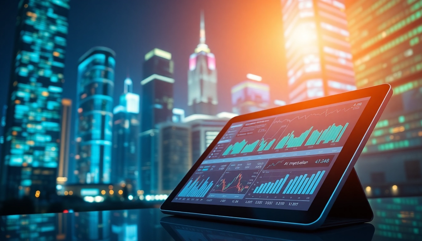 Analyze AI Investing trends with data visuals and a vibrant city backdrop.