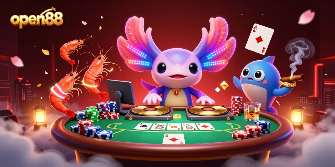 open88 offers a thrilling cartoon scene depicting a DJ axolotl spinning records at an underwater poker party.