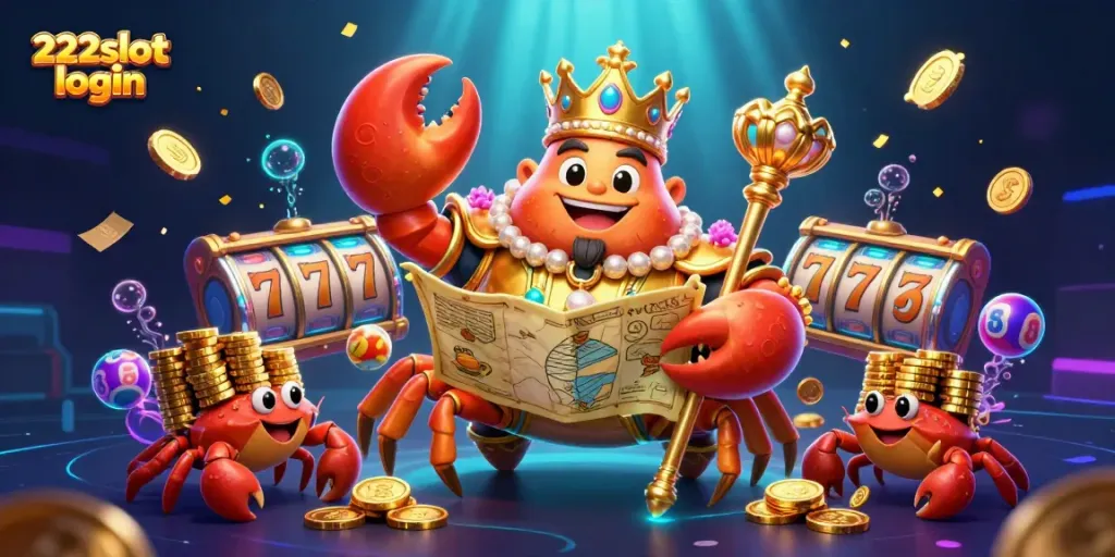 Mengakses 222slot login dengan pemandangan kasino 3D penuh warna, menampilkan kepiting emas dan elemen slot.