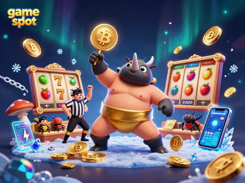 Spin the game slot with a colorful 3D illustration featuring a beetle champion celebrating with coins and blockchain elements.