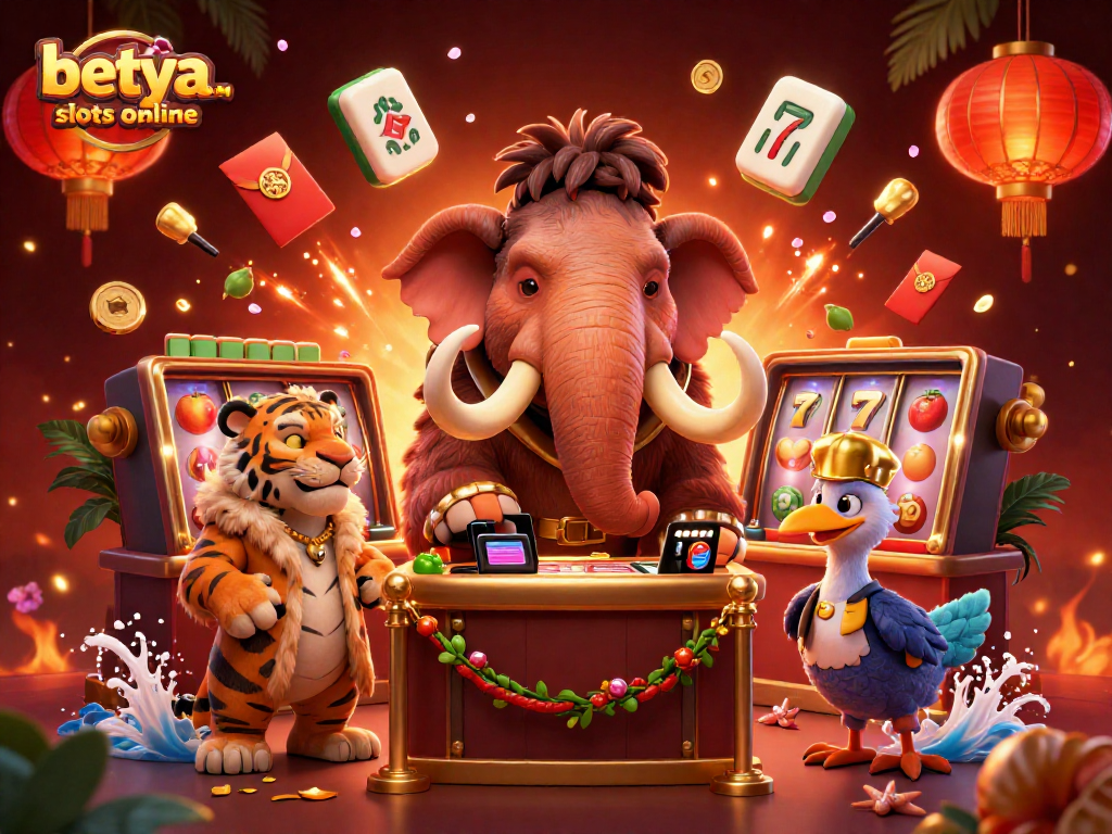 Explore betya.com slots online with a vibrant illustration of dynamic casino characters and elements.