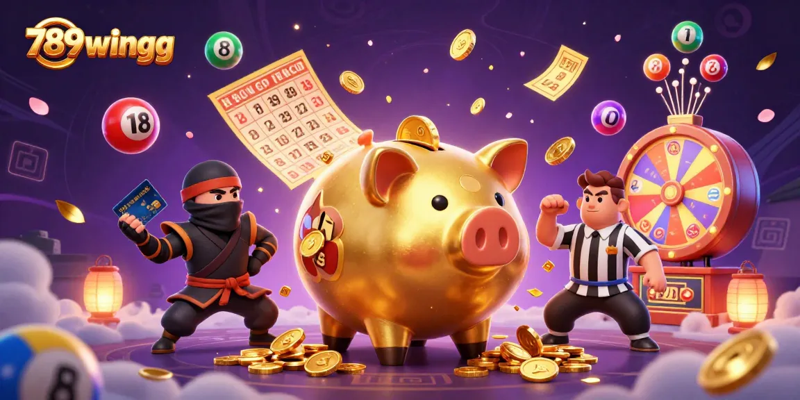 Experience the excitement of 789wingg with a captivating scene of a golden piggy bank sumo wrestler, vividly showcasing vibrant lottery and casino elements.