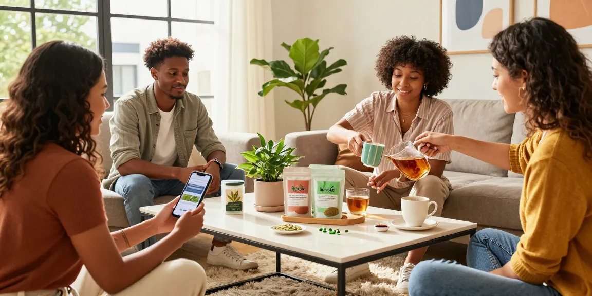 Gathering of friends discussing kratom products in a cozy living room as they read the full guide on wellness.