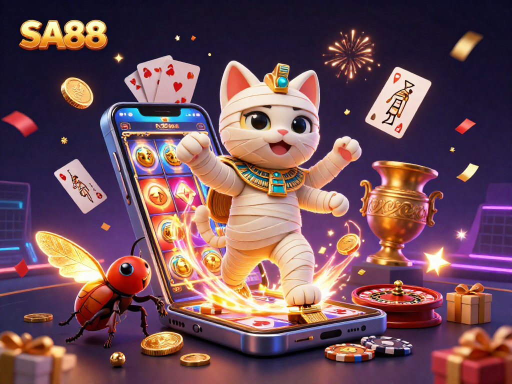 Experience the vibrant gaming ambiance at SA88, featuring dynamic illustrations of a mummy cat and golden elements.