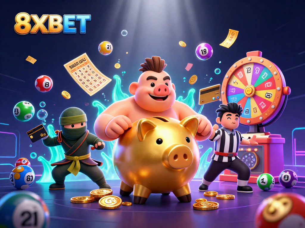 Play exciting games at 8XBET with a dynamic scene filled with colorful lottery elements and vibrant characters.