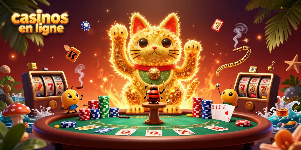 Créer une victoire aux casinos en ligne avec un chat porte-bonheur au milieu d'une scène animée.