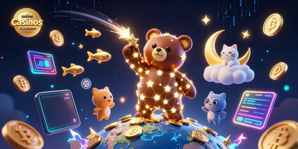 Engage in thrilling online casinos real money adventures with vibrant 3D characters and cryptocurrency coins.