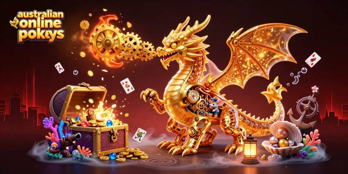 Experience the thrill of australian online pokies with an immersive 3D dragon scene and vibrant casino elements.
