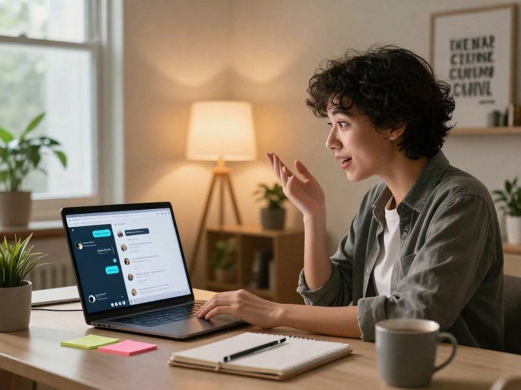 Person engaging with spicy chat ai on a laptop in a cozy home office, showcasing modern tech interaction.