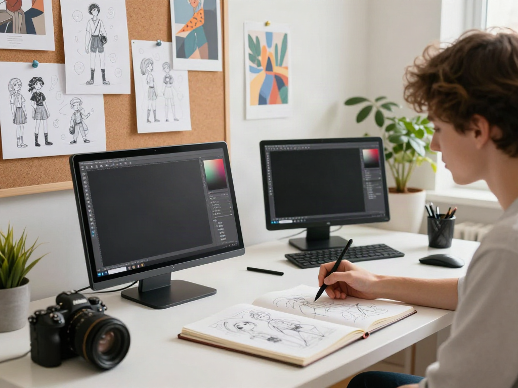 AI character sheet generator being used by an illustrator in a bright studio, showcasing character designs and creative workspace.