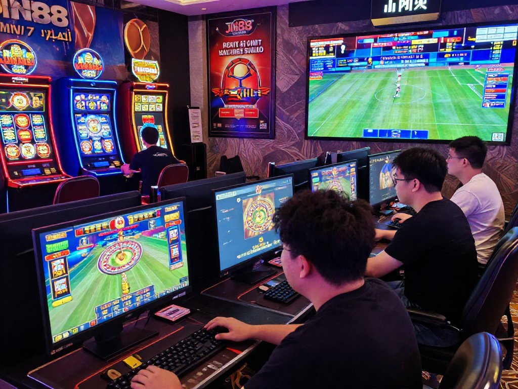 Trải nghiệm gaming tại nhà cái Jin88 với người chơi đầy hứng khởi và máy đánh bạc màu sắc.