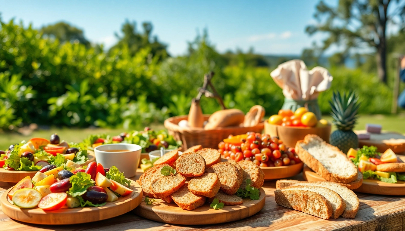 Indulge in vibrant food options displayed beautifully on a picnic table.