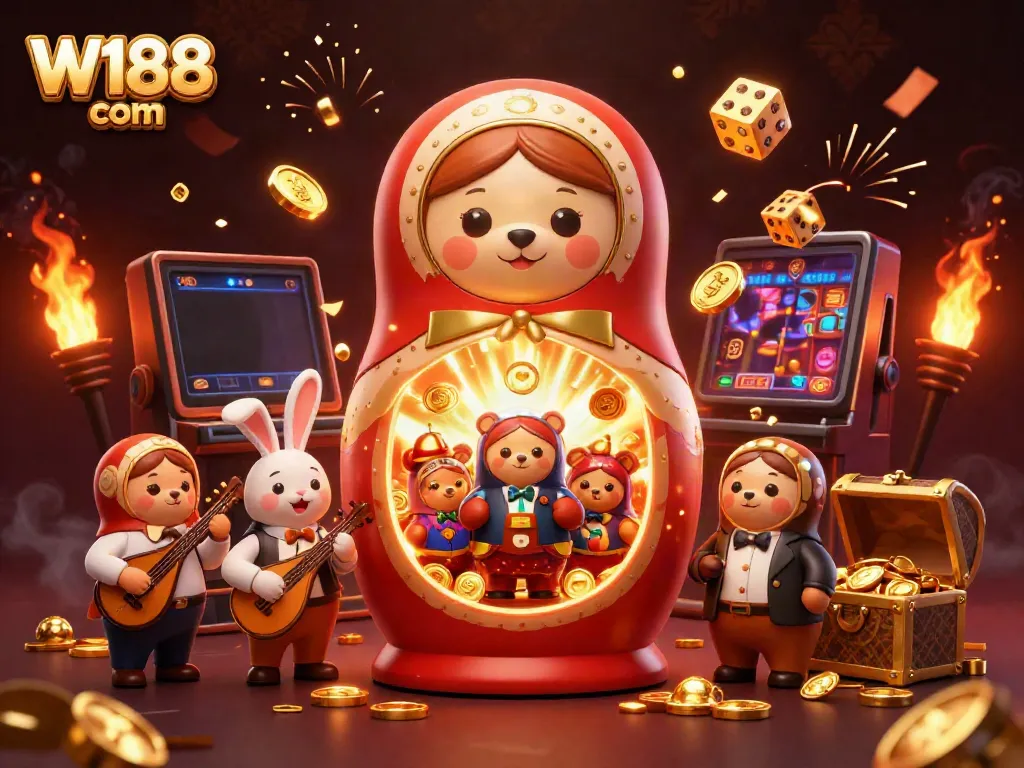 Experience the vibrant world of W188 com with a lively 3D illustration showcasing casino fun and excitement.