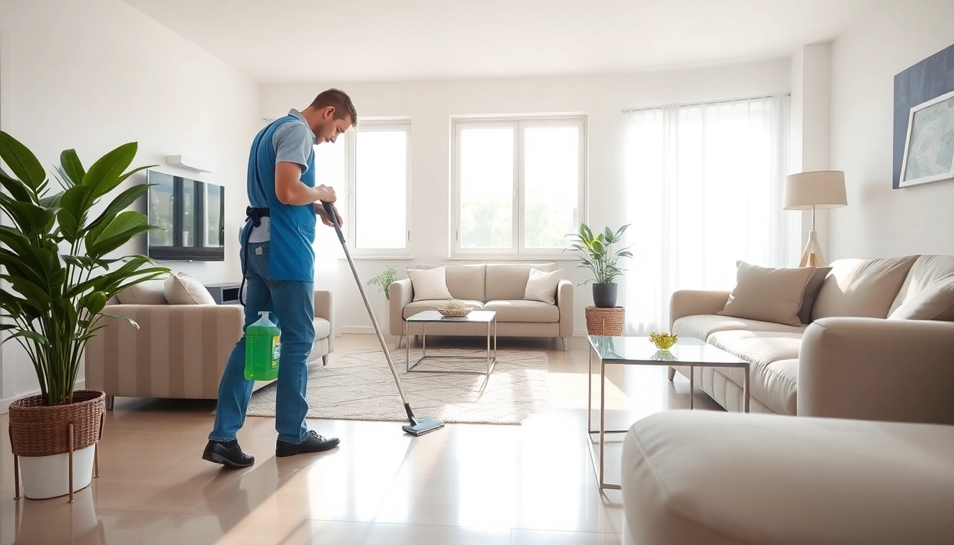 Bond cleaning in action, showcasing a cleaner ensuring spotless surfaces in a bright living room.