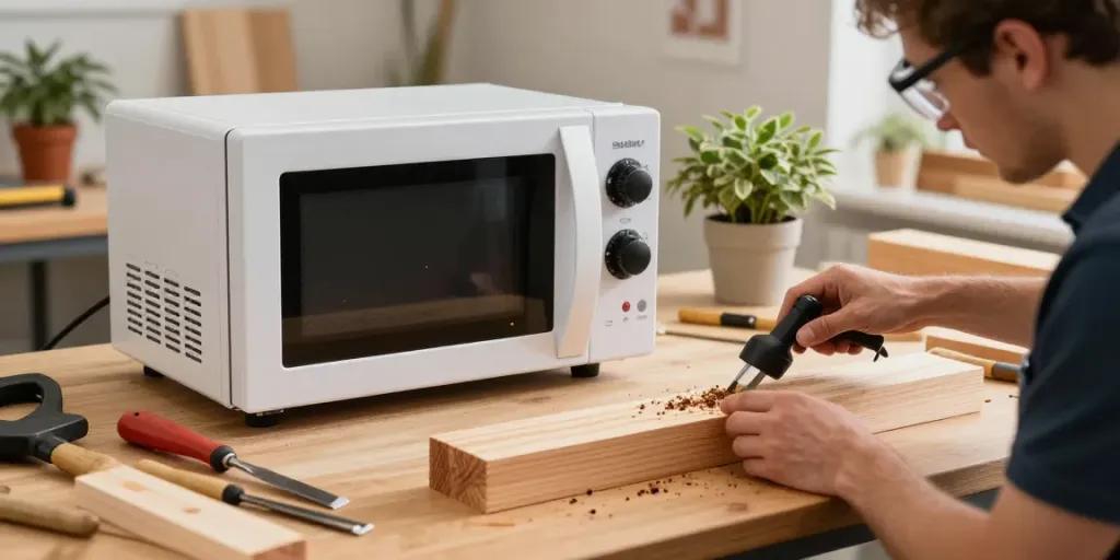 SHASHEL® microwave wood treatment scene with technician eliminating wood-boring insects in a workshop.
